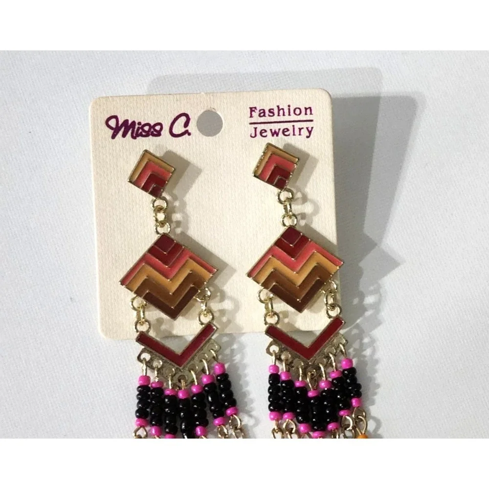 Miss C Native American Dangle‎ Earrings Oval Shape Beaded Surgical Steel